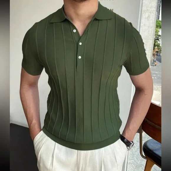 Men’s button v neck collared polo short sleeve rib knit shirt - Picture 1 of 2